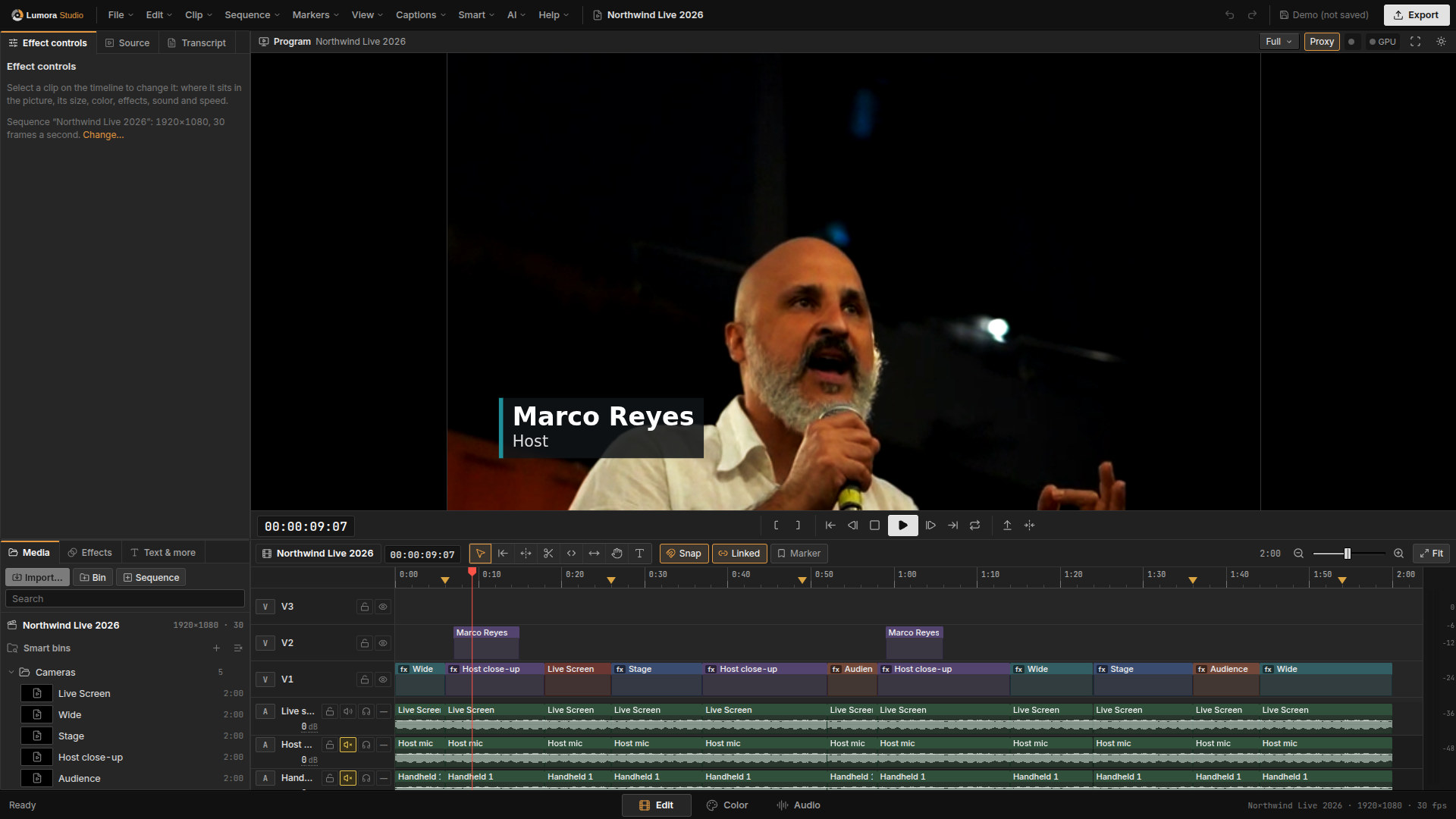 Lumora Studio editing a four-camera arena show: the host's name title in the program monitor, the cameras in the media panel, and a timeline of camera cuts, titles, markers and sound.