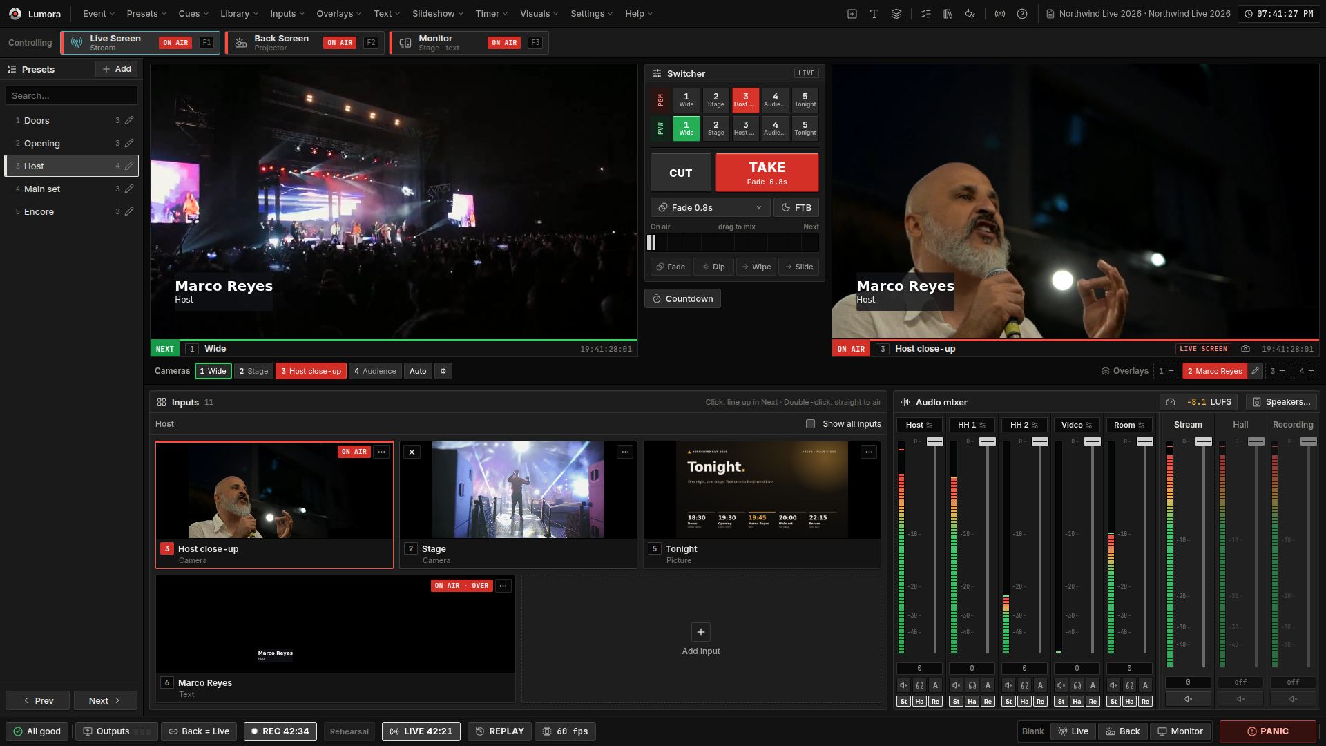 The Lumora main screen: Next on the left, On air on the right, TAKE and CUT in the middle, inputs and the sound mixer below.