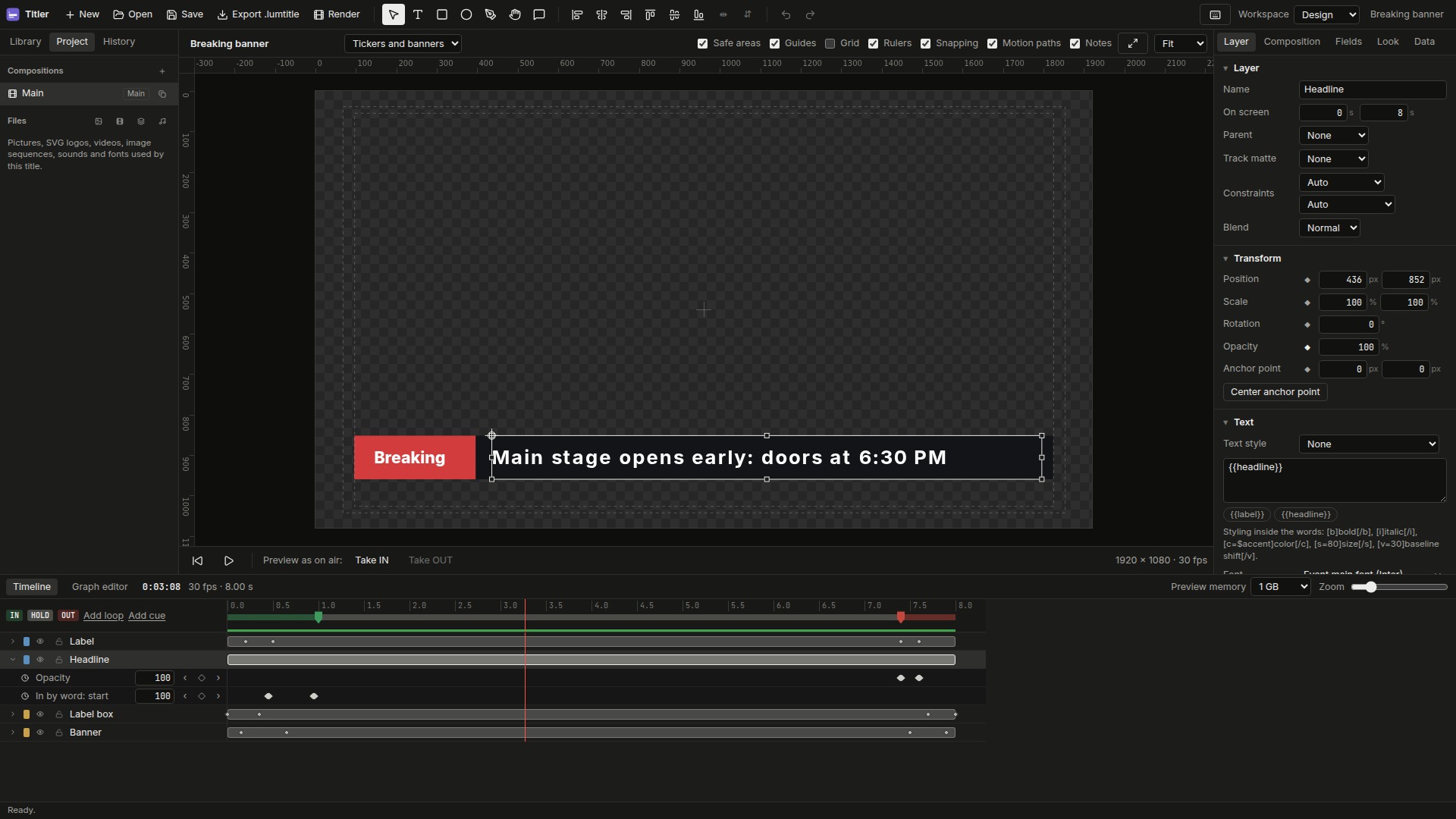 The Lumora Titler designer: a name and role lower third on the canvas, its layers and keyframes on the timeline with the IN, HOLD and OUT markers, and the layer's settings at the side.